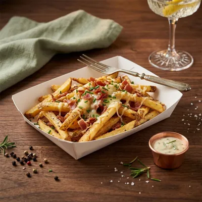 White paper food tray of loaded fries with bacon and sauce on a dark table